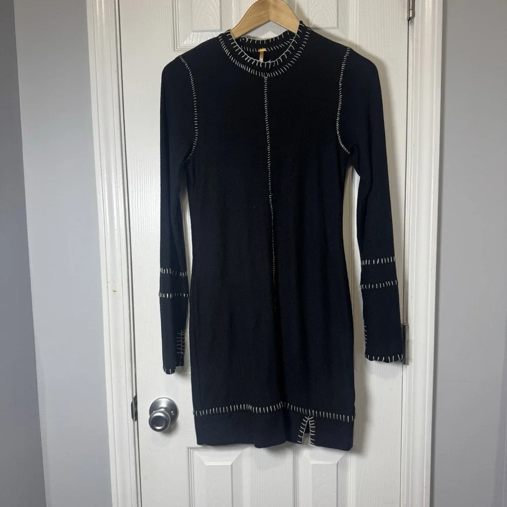 Free People Miranda Mini Dress Black Ribbed White Stitch Size Large Long Sleeve